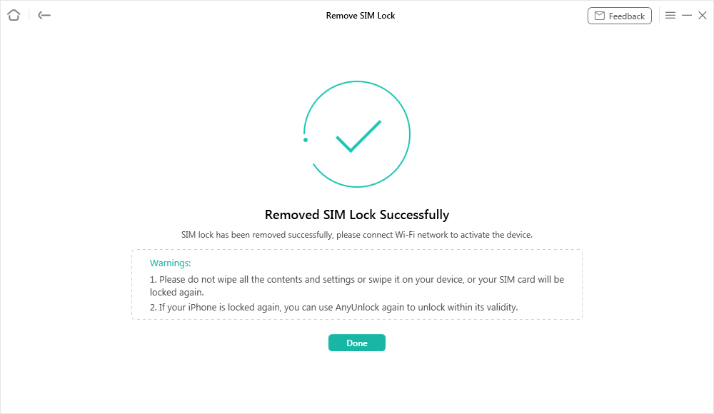 SIM Lock Removed Successfully