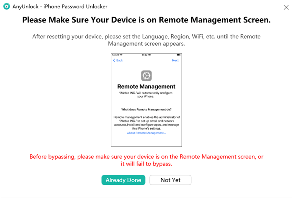 Ensure iPhone on the Remote Management Screen