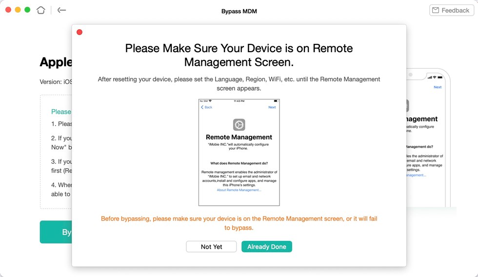Ensure iPhone is on the Remote Management Screen