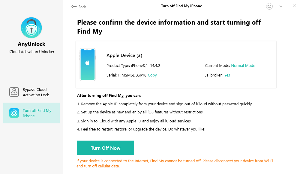 Confirm the Device Information and Start Turning off Find My