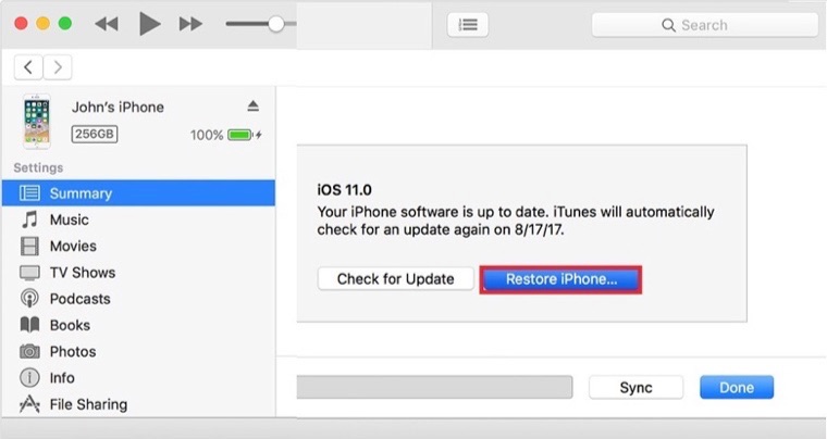 Fix Apple Music Offline Not Working - Restore iOS device Using iTunes
