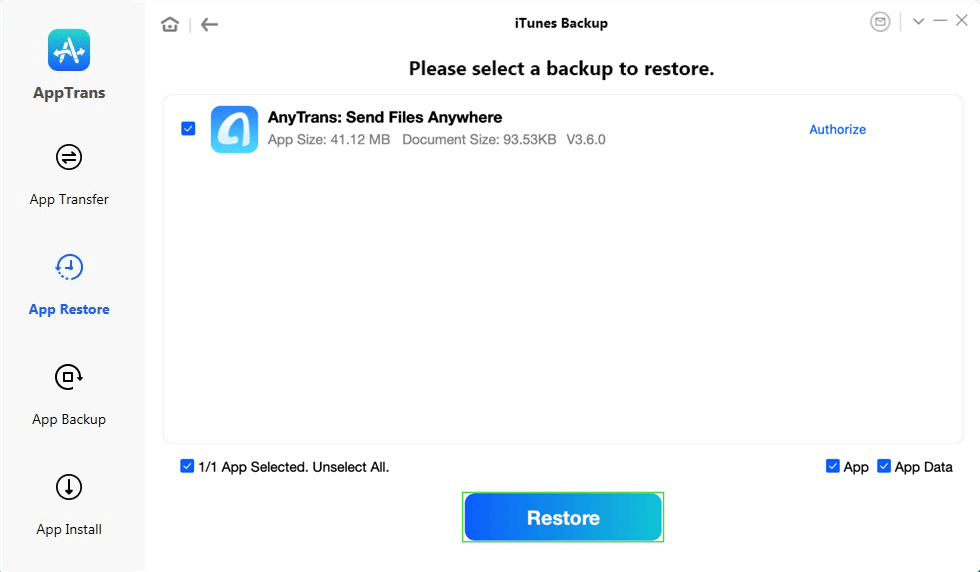 Select the App to Restore