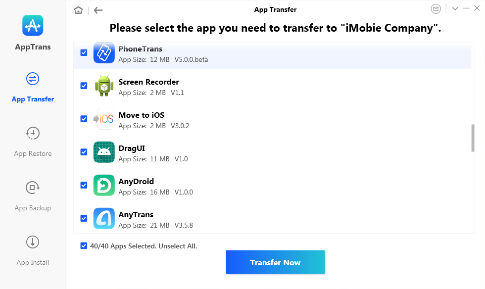 Select Apps and Tap Transfer Now to Transfer Apps from Android to iPhone
