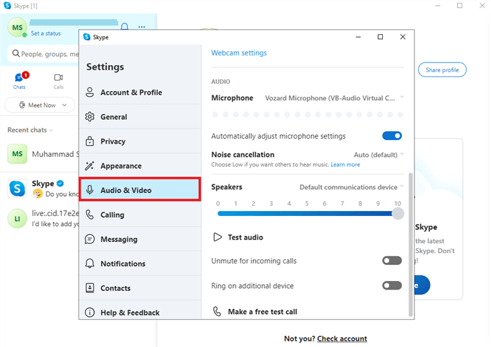 Click on the “Audio and Video” Option in Skype Settings