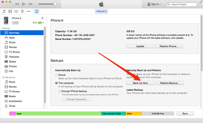 Backup iPhone 6 to Computer by using iTunes 12