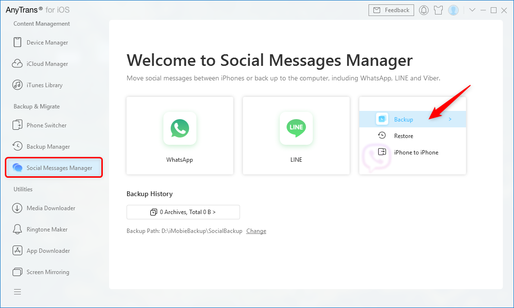 Tap Social Messages Manager and Choose Backup from Viber Tab