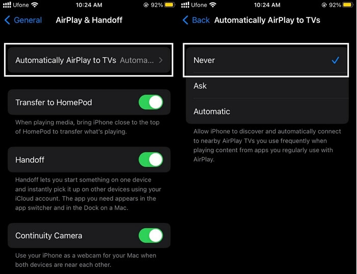 Change the Connectivity Settings of AirPlay to “Never”