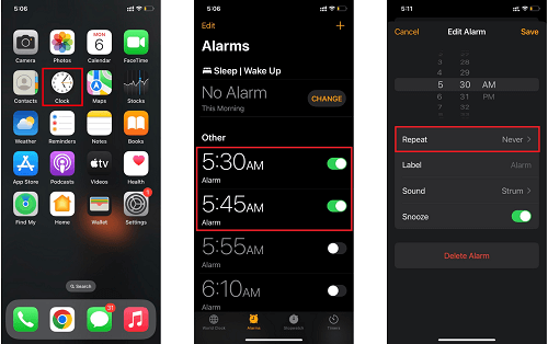 Check alarm type and repeat settings