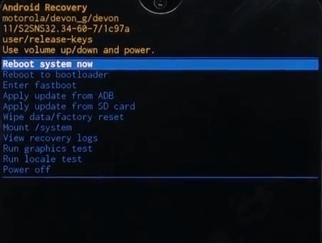 A Motorola sofia in recovery mode showing the build number, which indicates if it is on Android 10 or Android 11