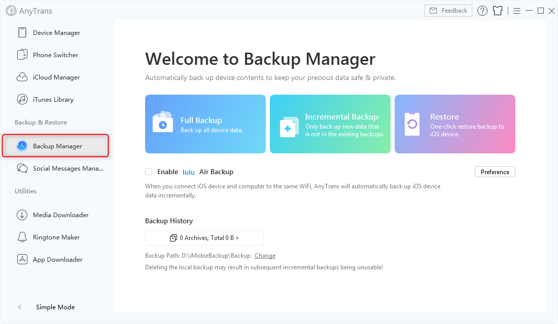 Choose Backup Manager Tab in AnyTrans - Step 1