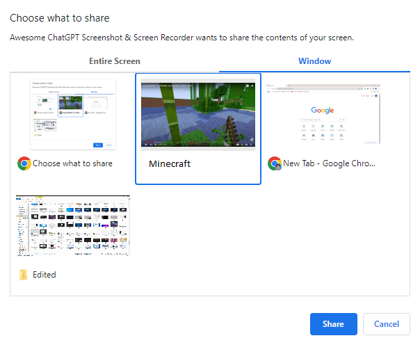 Choose Minecraft Window to Record