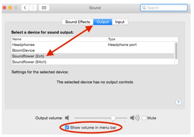  choose soundflower (2ch) and check the show volume
