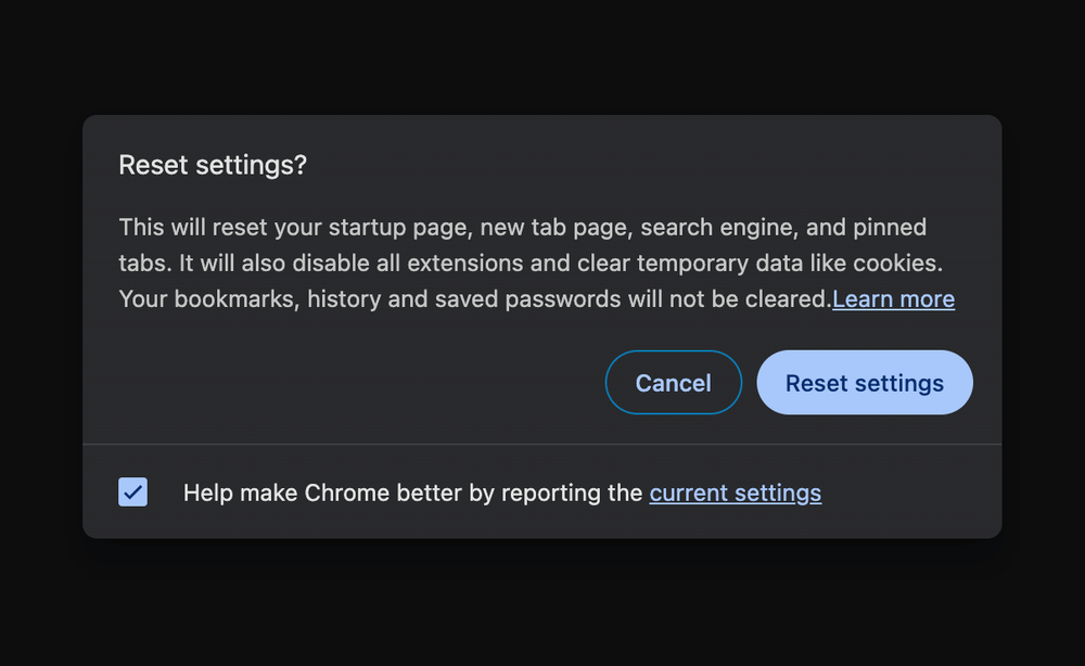 Mac Chrome browser Reset Settings
