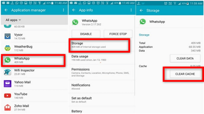 Clear WhatsApp Cache on Android from Settings