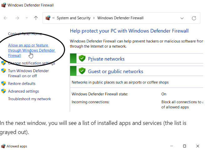 Click "Allow an app or feature through Windows Defender Firewall"