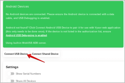 Click Connect USB Device in Vysor Extension