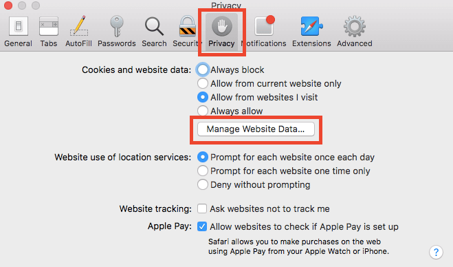 Click Manage Website Data