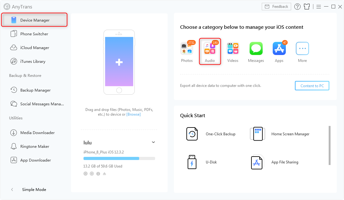 Click on Audio Tab in AnyTrans - Step1