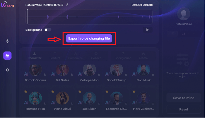 Click “Export Voice Changing File” in Vozard President Voice Changer