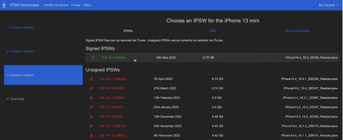 Click on the Signed IPSW iOS 16