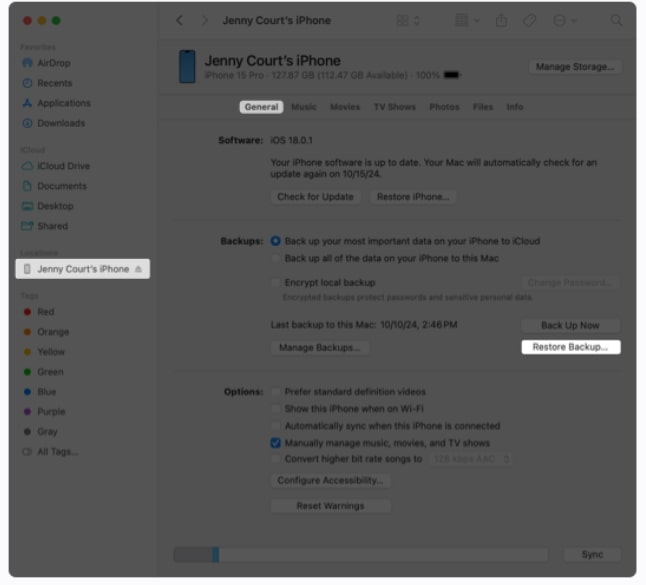 Click Restore Backup in the General Tab