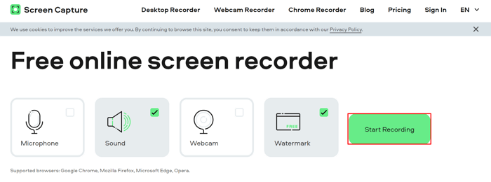 Click Start Recording on Screencapture.com