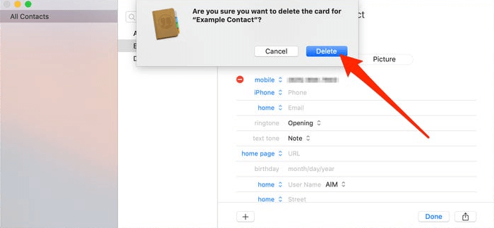 Click on Delete in Contacts App