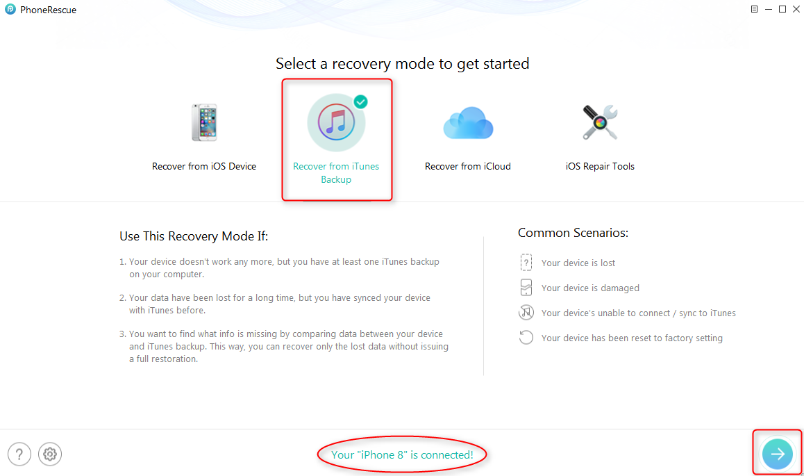 Fix Contacts Disappeared from iPhone 8/X Issues with an iTunes/iCloud Backup - Step 1