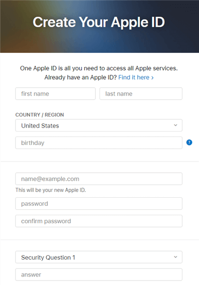 Enter Information for New Apple ID
