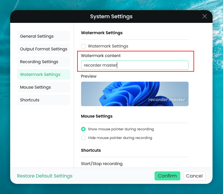 Customize Watermark in Settings