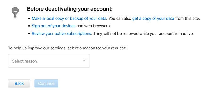 Choose the Reason for Deactivating Apple ID Account