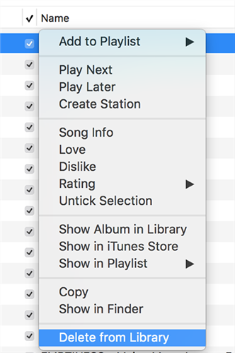 Use the context menu to delete files in iTunes
