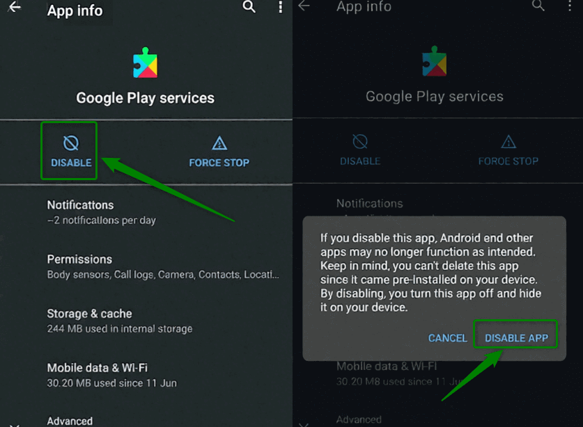 The 'Disable' button for Google Play Services is highlighted