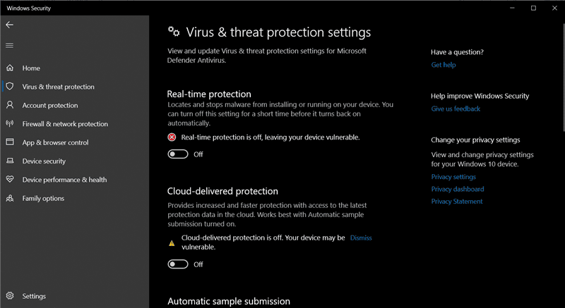 Disable Real Time Protection on Windows