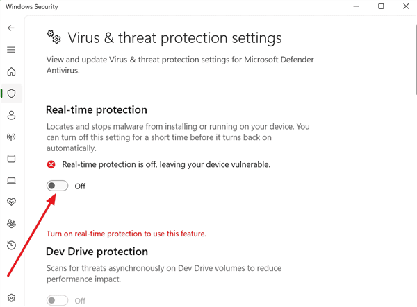 Disable Virus & Threat Protection on Windows