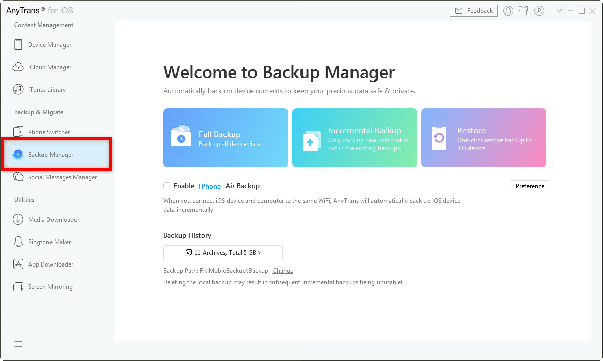 Use Backup Manager in the AnyTrans