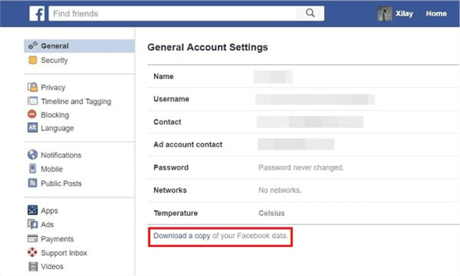 Click Download a Copy of your Facebook Data