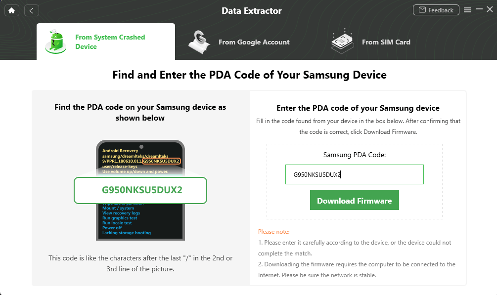 Enter PDA Code