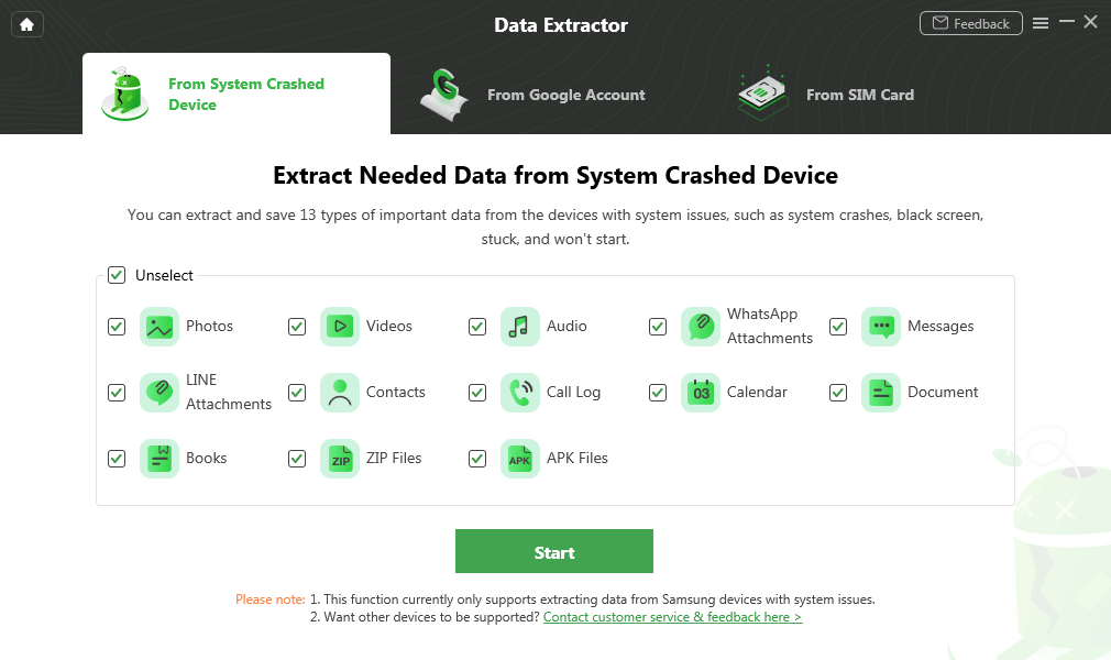 Select Data and Start