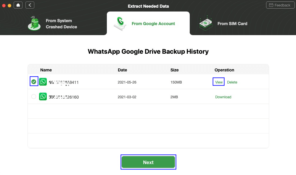 Select One WhatsApp Backup File to View
