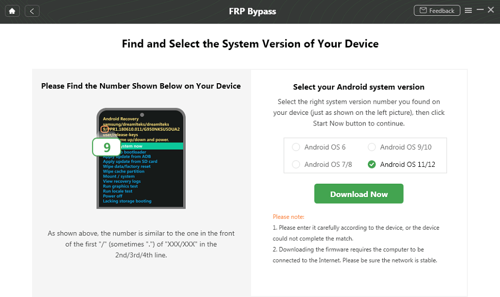 Select the System Version of the Device