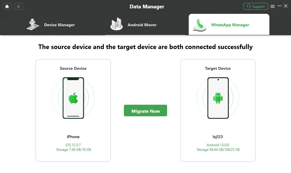 Connect Both iPhone and Android and Click Migrate Now