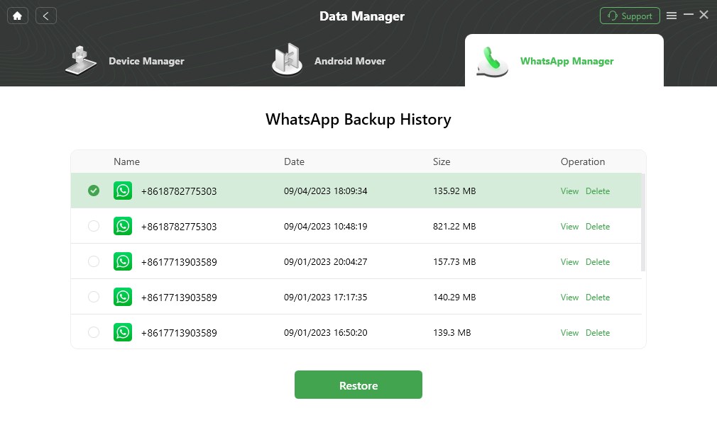 Select WhatsApp Backup to Restore