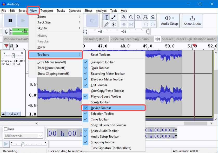 Enable the Device Toolbar in Audacity