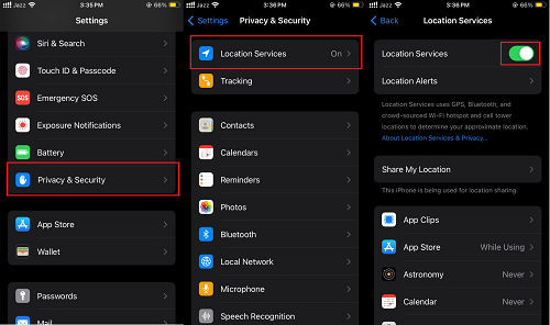 Enabling location services from iPhone settings