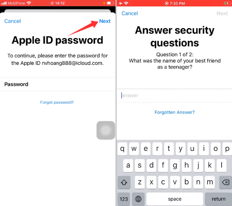 Enter Apple ID Password and Security Answers