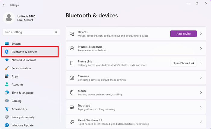 Enter Bluetooth and Devices in Windows Settings