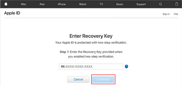 Enter Recovery Key and Click Continue