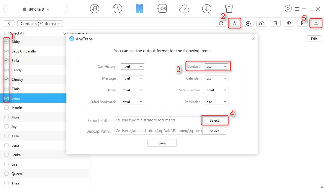How to Export Contacts from iPhone X/8 - Step 3
