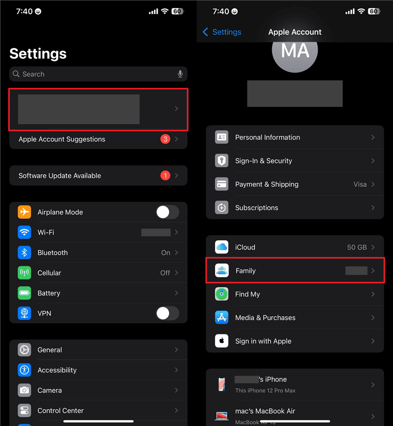 Access Family Option in Apple Account